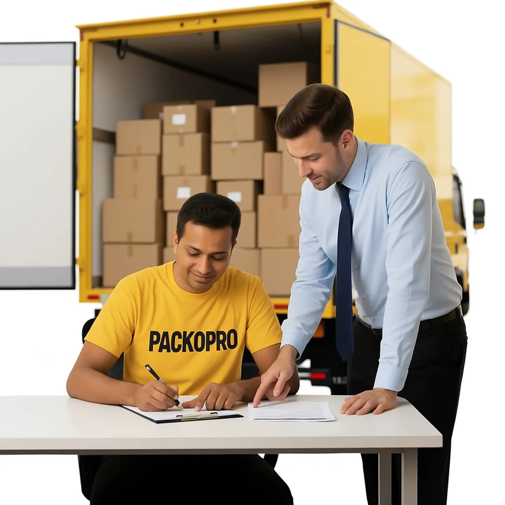 Packo Pro team member with a partner beside a moving truck